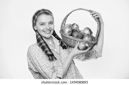 Woman Likes Natural Fruits. Farmer Gardener Apple Harvest. Girl Gardener Rustic Style Hold Apple White Background. Health Care And Vitamin Nutrition. Grocery Store. Perfect Apple. Start Apple Diet.