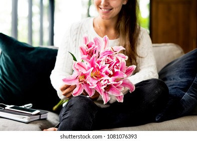 Woman With Lily Flower Bouquet