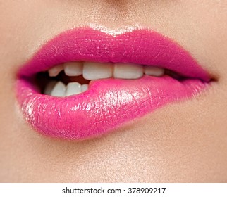 Woman Lips Mouth Biting Lip Colorful Pink