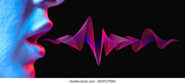 Woman lips with sound wave on black background in neon light. - Shutterstock ID 2019177056