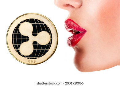 Woman Lips With Xrp Coin Closeup