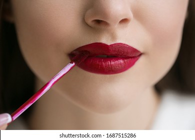 Woman Lipstick Apply Beauty Red Lips Gloss Make Up Beautiful Female