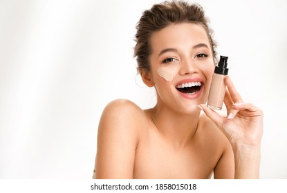 Woman With Liquid Foundation. Photo Of Woman With Perfect Makeup On White Background. Beauty Concept