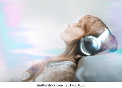 Woman listening to music, digital remix. Woman listening to music in headphones. Woman wearing wireless headphones, side view. Relaxed woman with headphones. - Powered by Shutterstock