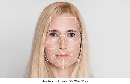 A woman with long blonde hair appears in a facial recognition process. Geometric patterns overlay her face, illustrating the use of identification technology in a modern context. - Powered by Shutterstock - Get 15% off with code: PIKWIZARD15