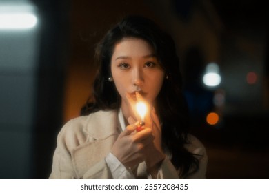 A woman with long dark hair holds a lit lighter close to her face. She stands against a blurred night backdrop, wearing a light-colored coat. - Powered by Shutterstock