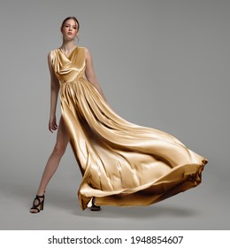 Woman In A Long Gold Dress. Fashion