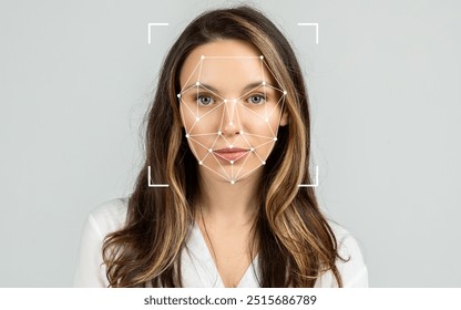 A woman with long hair stands facing the camera, with facial recognition patterns displayed on her face.