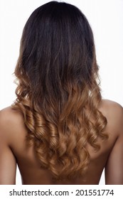 Woman With Long Healthy Colorful Ombre Wavy Hair. Close Up Of Hairstyle