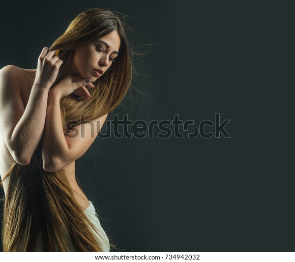 Woman Long Healthy Hair Naked Chest Stock Photo Edit Now 734942032