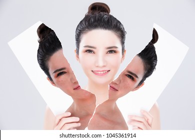 Woman Look You With Beauty Skin Care Concept Before And After On The Gray Background