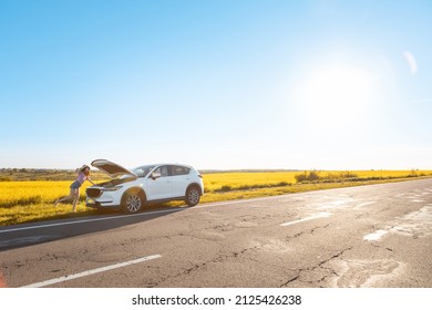 Woman Looking At Car Engine Call Road Assistant Insurance