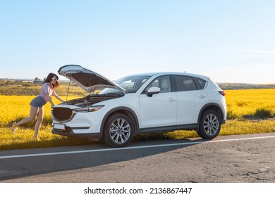 Woman Looking At Car Engine Call Road Assistant Insurance