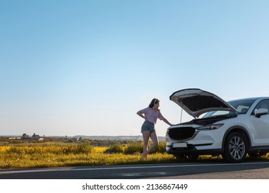 Woman Looking At Car Engine Call Road Assistant Insurance