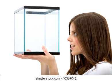 Woman Looking At An Empty Fish Tank Isolated