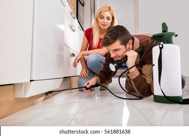 Woman Looking At Exterminator Worker Spraying Insecticide Chemical For Termite Pest Control In House Kitchen