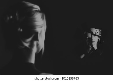 Woman Looking At Her Face In Shards Of Broken Mirror Pieces Artistic Conversion