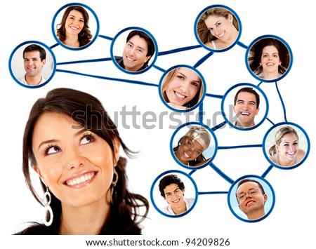 Woman looking to her social network  - isolated over a white background