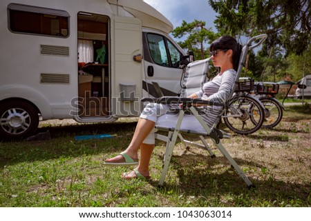 Similar – Image, Stock Photo Woman walking up ladder to tent over car