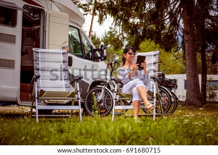 Similar – Image, Stock Photo Woman walking up ladder to tent over car