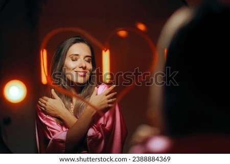 
Woman Looking in the Mirror Loving Herself Feeling Positive. Happy lady being self-confident and accepting with herself 
