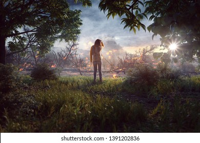 Woman Looking Over A Wasteland