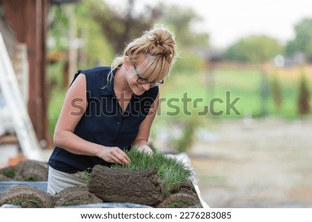 Woman looking at a pallet with stack of sod turf grass rolls, ready for laying in new lawn. Natural grass installation.