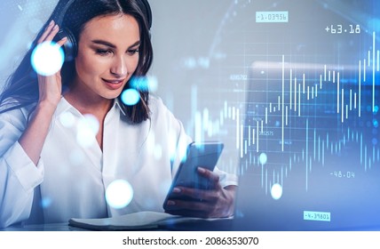 Woman Looking At Phone Screen, Concentrated Look And Listening To Podcast, Music. Business Student, Online Distance Education With Computer. Concept Of Business Podcast