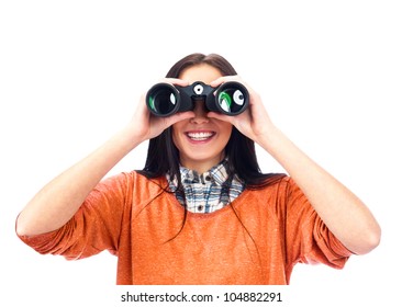 Woman Looking Through Binoculars Isolated On White