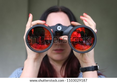 Woman Looking Through Binoculars Telescope Day And Night Vision
