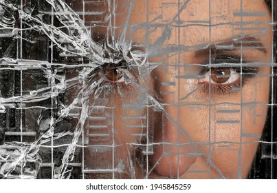 Woman Looking Through Dirty Broken Glassю Close Up Image. Calm Woman  Face With Opened Eyes Behind The Texture Of A Broken Glass