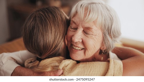 Woman, love and hug senior mom in home for mothers day, bonding and visit in retirement with care or happy. Person, smile and embrace with elderly parent for reunion, comfort and affection in hospice - Powered by Shutterstock