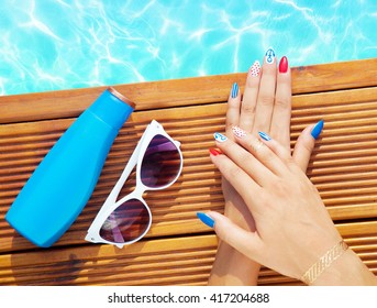 Woman Lying Down By The Pool, Marine Sailor Gel Nails Close Up Summer Beauty Concept