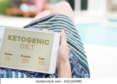 A woman lying down relaxing on a day bed beside the swimming pool reading the information about Ketogenic Diet on tablet computer. Online Application, Digital device, Keto Diet info. 