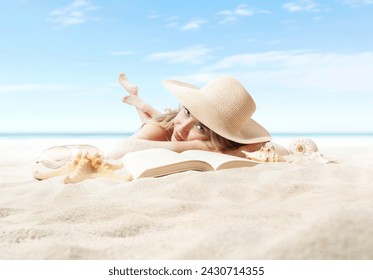 Woman lying on sand beach with book, sunbathing wearing sun straw hat. Concept of summer beach holiday and vacation travel. Sea and blue sky in Background. Sunglasses and seashell in foreground - Powered by Shutterstock