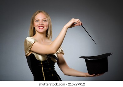 Woman Magician With Magic Wand And Hat