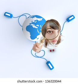 Woman With Magnifying Glass And The Earth With Computer Mouse