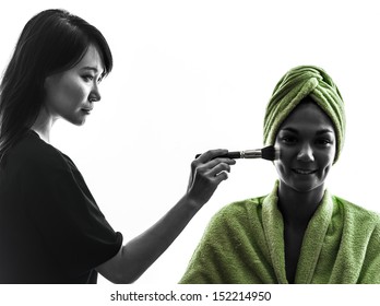 Woman And Make Up Artist   In Silhouette  On White Background