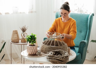 Woman Makes Handmade Diy Lamp From Jute Rope At Home