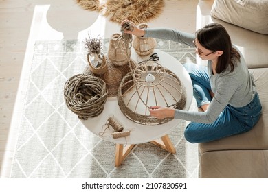 Woman Makes Handmade Diy Lamp From Jute Rope At Home