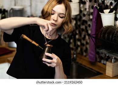 Woman Makes Turkish Coffee With Ginger. Make Coffee For Breakfast.  Perfect Start To The Day