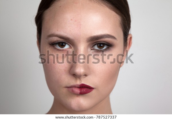 Woman\
with make-up on one side of the face and without make-up on the\
second side of the face. Before and after\
makeup.