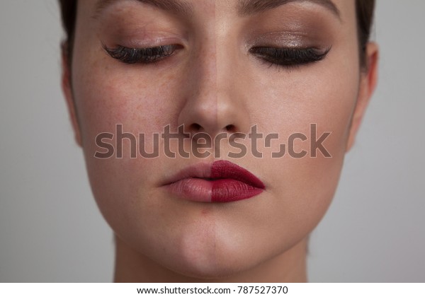 Woman
with make-up on one side of the face and without make-up on the
second side of the face. Before and after
makeup.