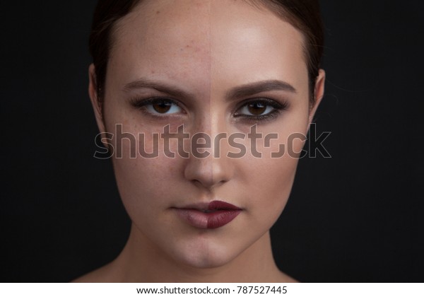 Woman\
with make-up on one side of the face and without make-up on the\
second side of the face. Before and after\
makeup.