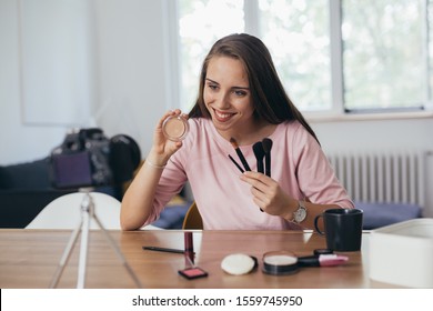 Woman Makeup Vlogger At Her Home, Presenting Makup Products