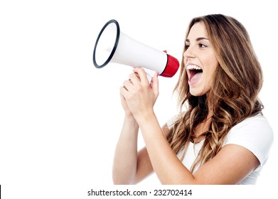 Woman making announcement with megaphone
