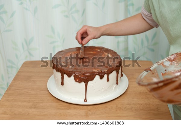 Woman Making Birthday Cake Decorating Chocolate Stock Photo Edit Now 1408601888