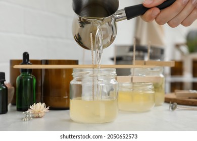 Woman Making Candles At White Table, Closeup