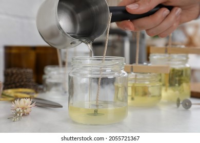 Woman Making Candles At White Table, Closeup