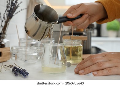 Woman Making Candles At White Table, Closeup